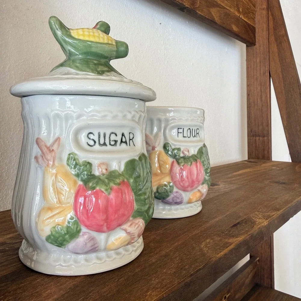 Ceramic Flour Sugar Canister Set Vegetable Kitchen Decor Grandmacore Missing Lid